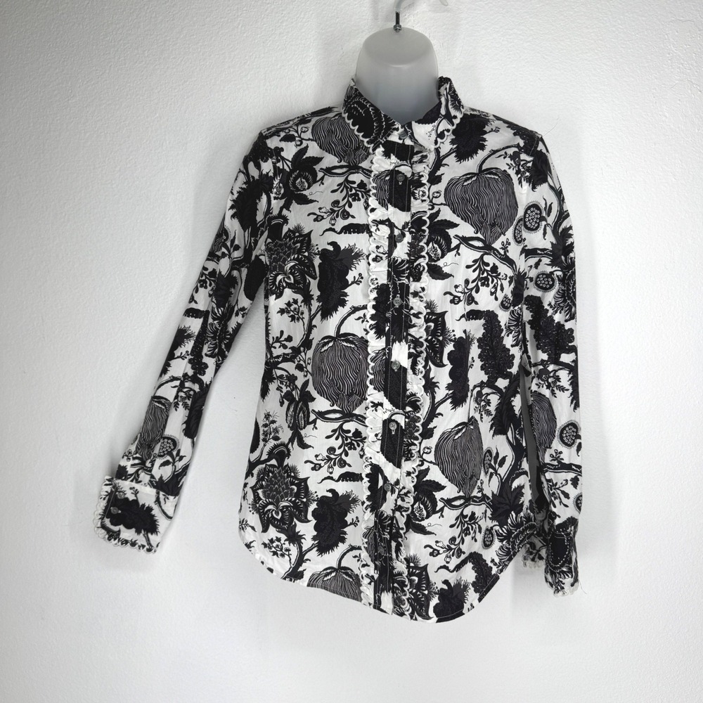 J.Crew Slim Fit Ruffle Scalloped Button Shirt Black White Toile Floral Size 4